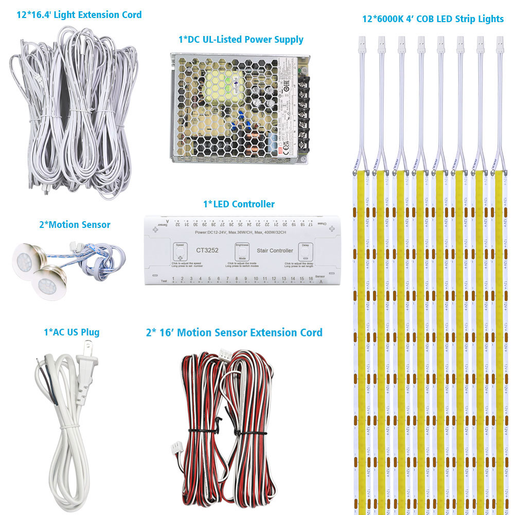 CT3252 Motion Activated Stair Lighting Kit, Dotless COB LED Strip Lights For 1-4FT Stairway CT3252 Motion Activated Stair Lighting Kit, Dotless COB LED Strip Lights For 1-4FT Stairway